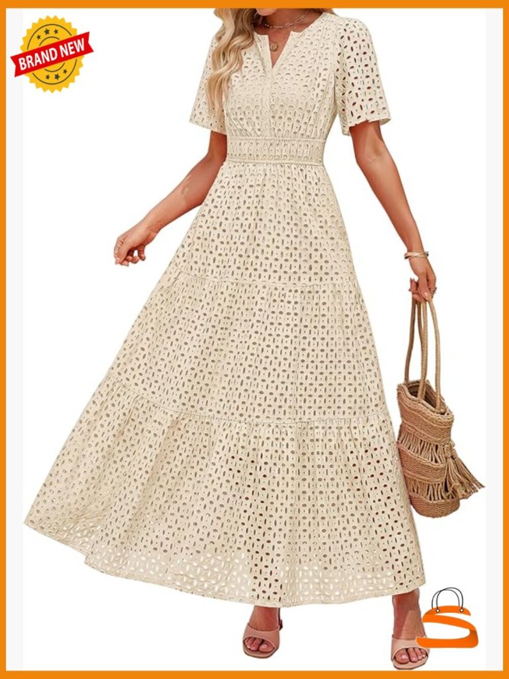 V Neck Short Sleeve Eyelet A Line Beach Vacation Long Maxi Dress